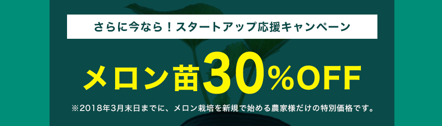 さらに今なら！スタートアップ応援キャンペーン　メロン苗30%OFF※2018年3月末日までに、メロン栽培を新規で始める農家様だけの特別価格です。